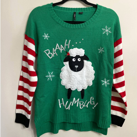 New Directions Green Bah Humbug Christmas Sweater Sz PM Knit Top - Picture 1 of 8